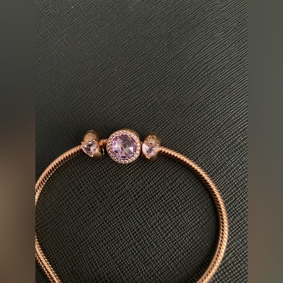 Pandora Rose Gold Snake Chain Bracelet with 3 charms - Picture 3 of 5